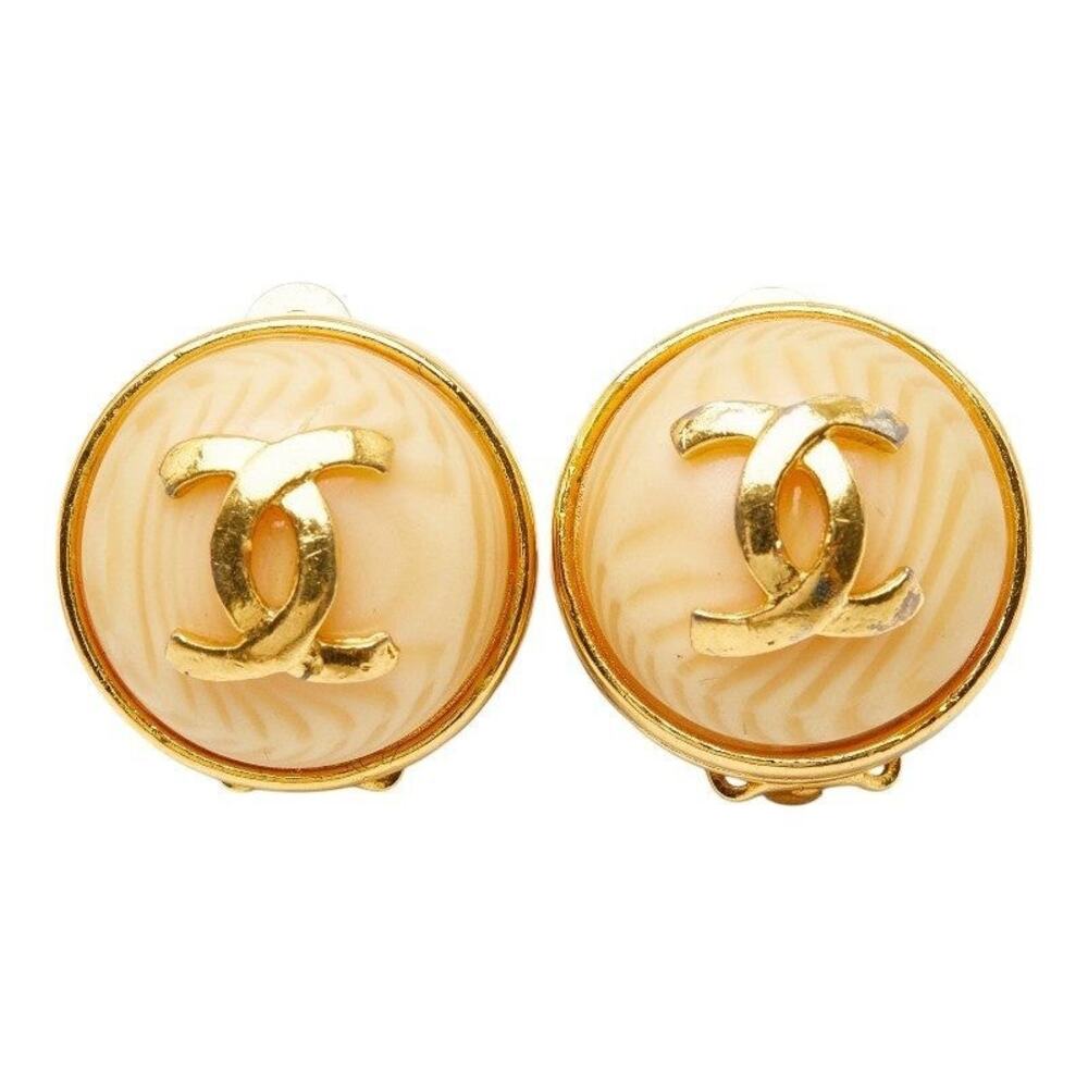 Chanel CC Logo Round Circle Plated Resin Earrings Gold